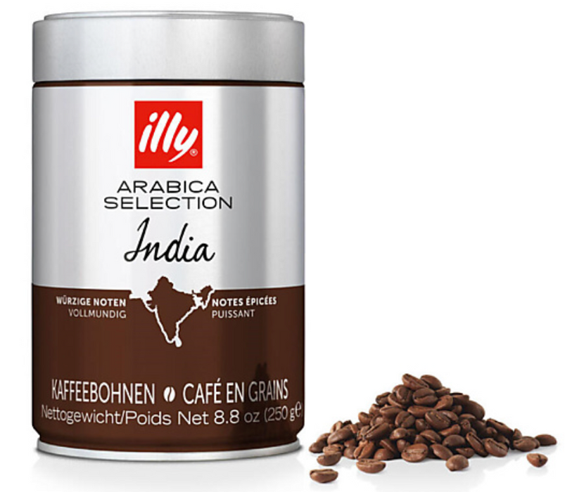 Boîte de 3 kg de grains de café arabica Illy sélection Inde, 250 g.