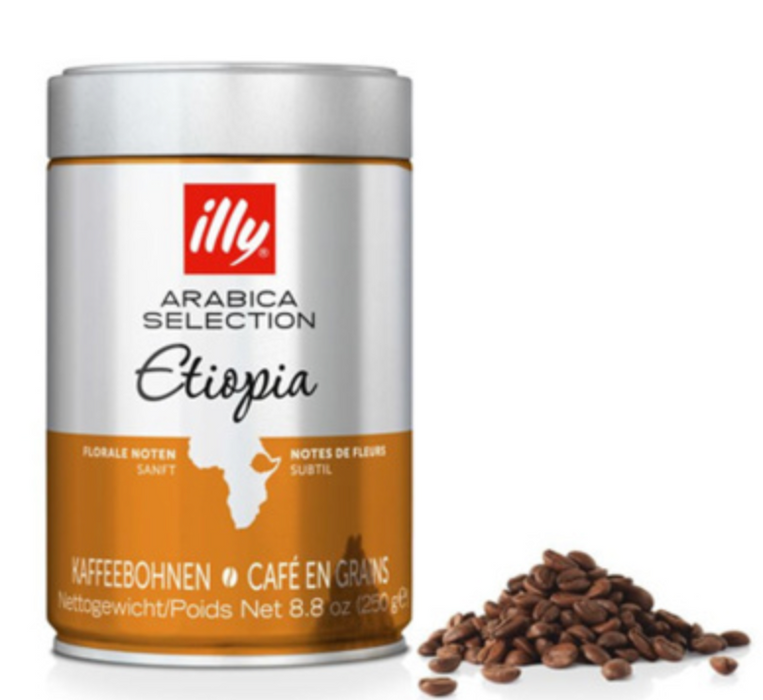 Boîte de 3 kg de grains de café arabica Illy sélection Éthiopie 250 g.